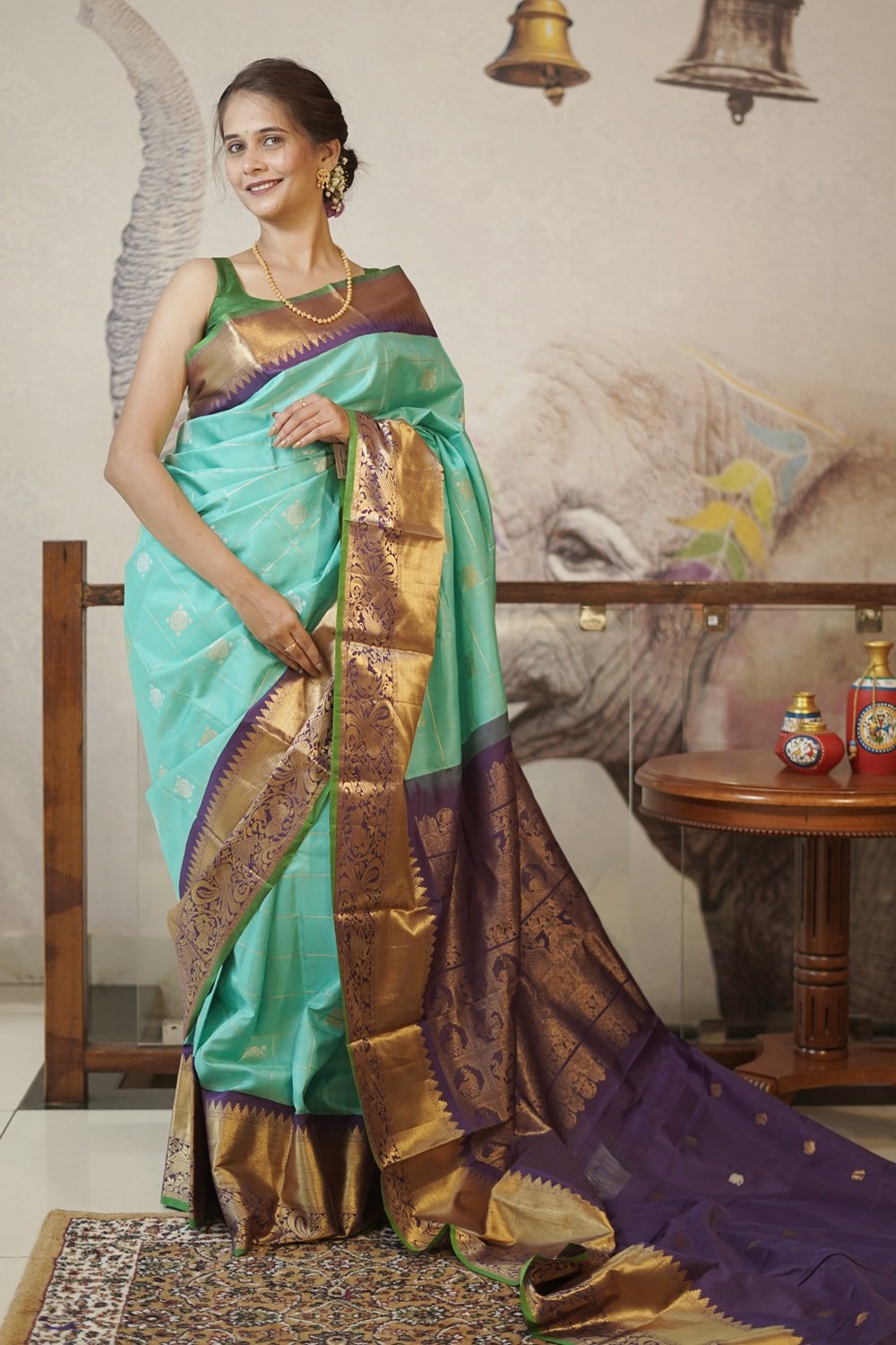 gadwal silk sea green with dark bown all over checks & butti (1784)