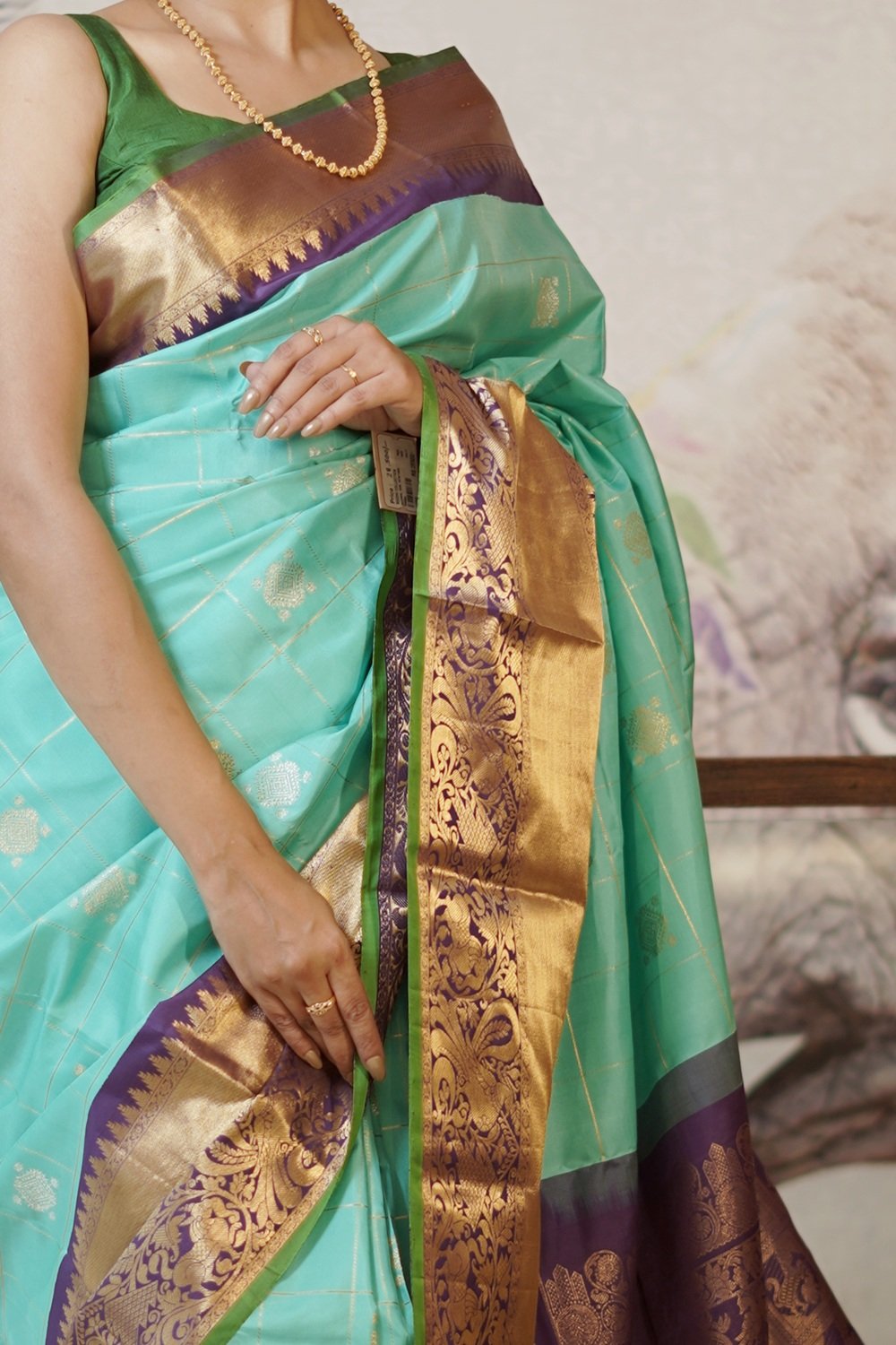 gadwal silk sea green with dark bown all over checks & butti (1784) gadwal silk sea green with dark bown all over checks & butti (1784)