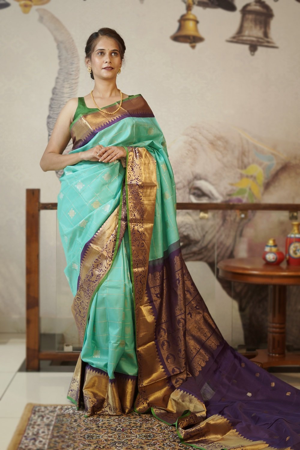 gadwal silk sea green with dark bown all over checks & butti (1784) gadwal silk sea green with dark bown all over checks & butti (1784)