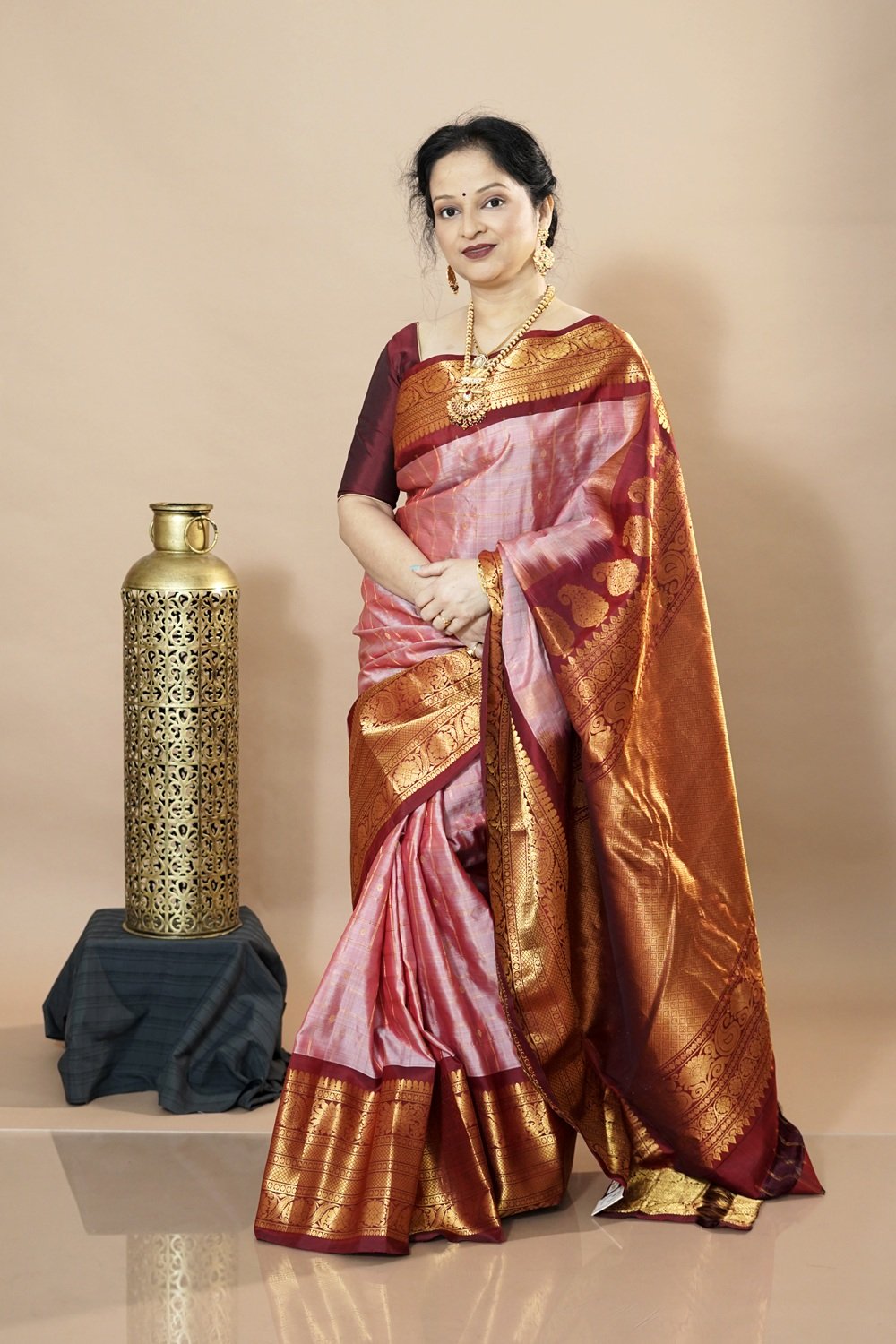 gadwal silk dark ivary with brown all over checks with butti (1825)